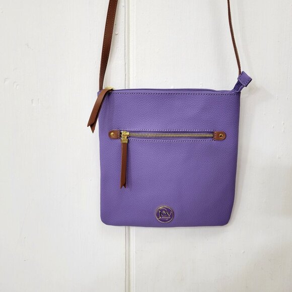 Joy Mangano Crossbody Bag Purple Faux Leather With Brown Strap Gold Zipper & Fro - Picture 5 of 6